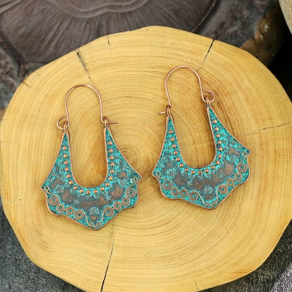 Boho Teal Gold Tone Hoop Earrings Gypsy - Picture 2 of 4